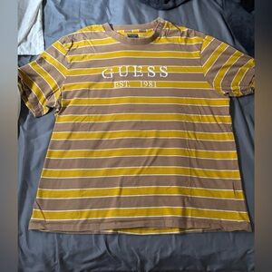 Guess Brown and Yellow Striped Logo Tee